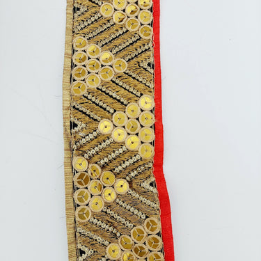 Indian Sari Trim, Black Art Silk Fabric With Gold Embroidery And Red Piping, Gold Sequins